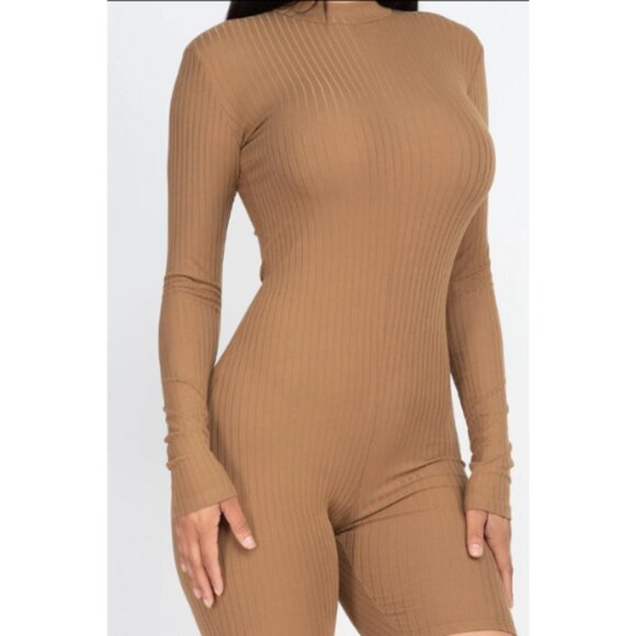 Women's Ribbed Knit Romper Brown - Picture 4 of 4